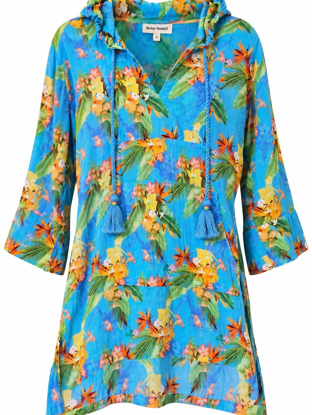 Roller Rabbit Womens S Cotton Tropical Floral Hooded Tunic Dress Cover Up Tassel